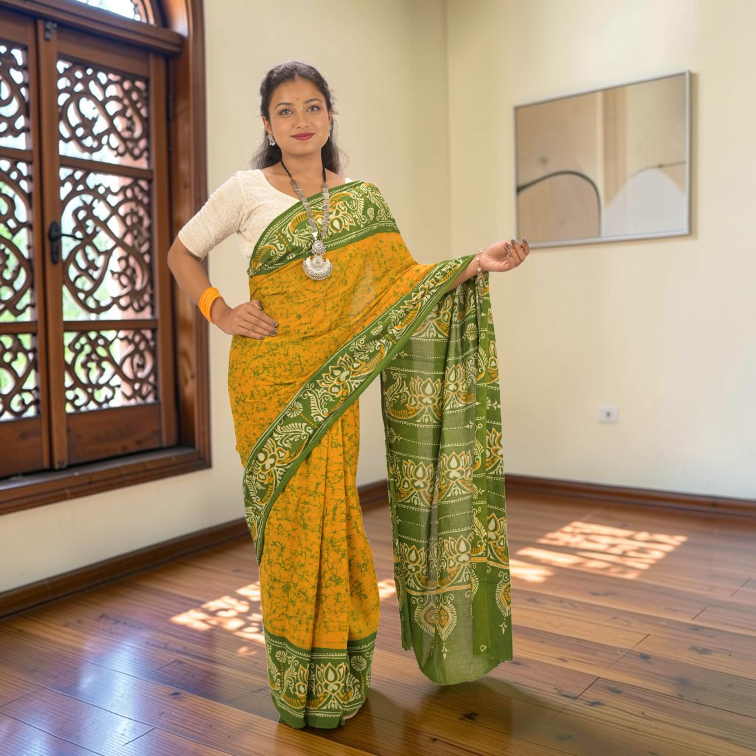 Haritika Bloom Pure Hand Batik Cotton Saree - Handcrafted Indian Art (View 4) | Art Angan