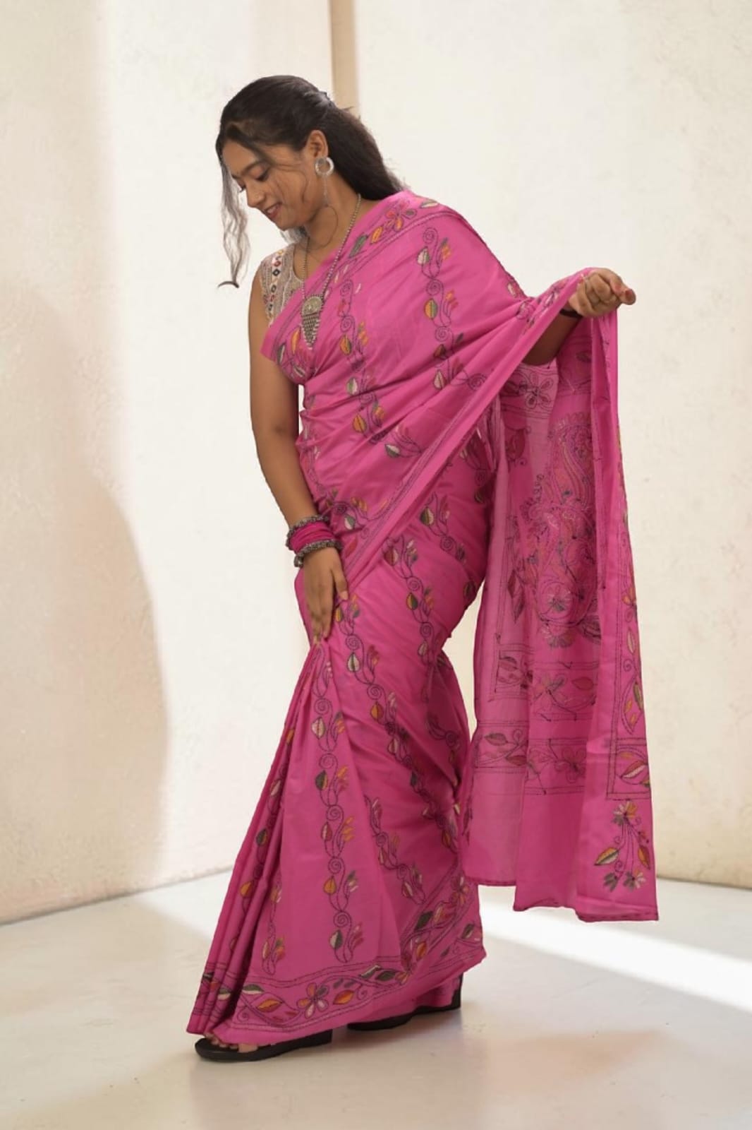 Roshika Bloom Katha Stitch Bangalore Silk Saree - Handcrafted Indian Art (View 4) | Art Angan