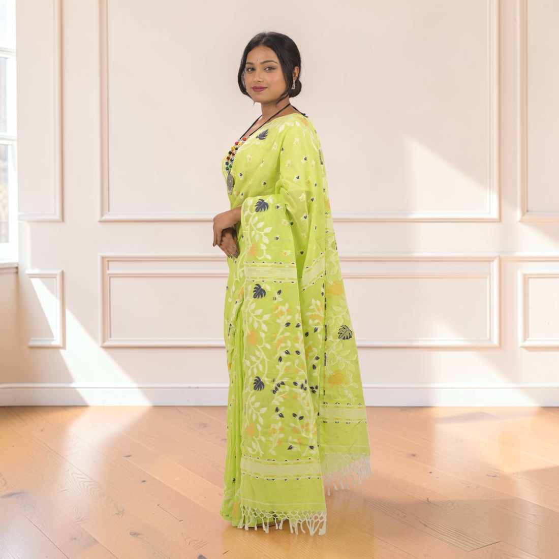 Haritika Bloom Khadi Jamdani Saree - Handcrafted Indian Art (View 3) | Art Angan