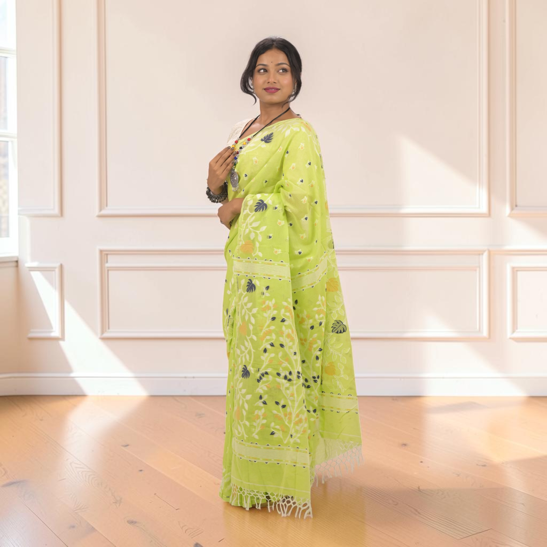 Experience the Vibrant Charm of Art Angan's Haritika Bloom Khadi Jamdani Saree