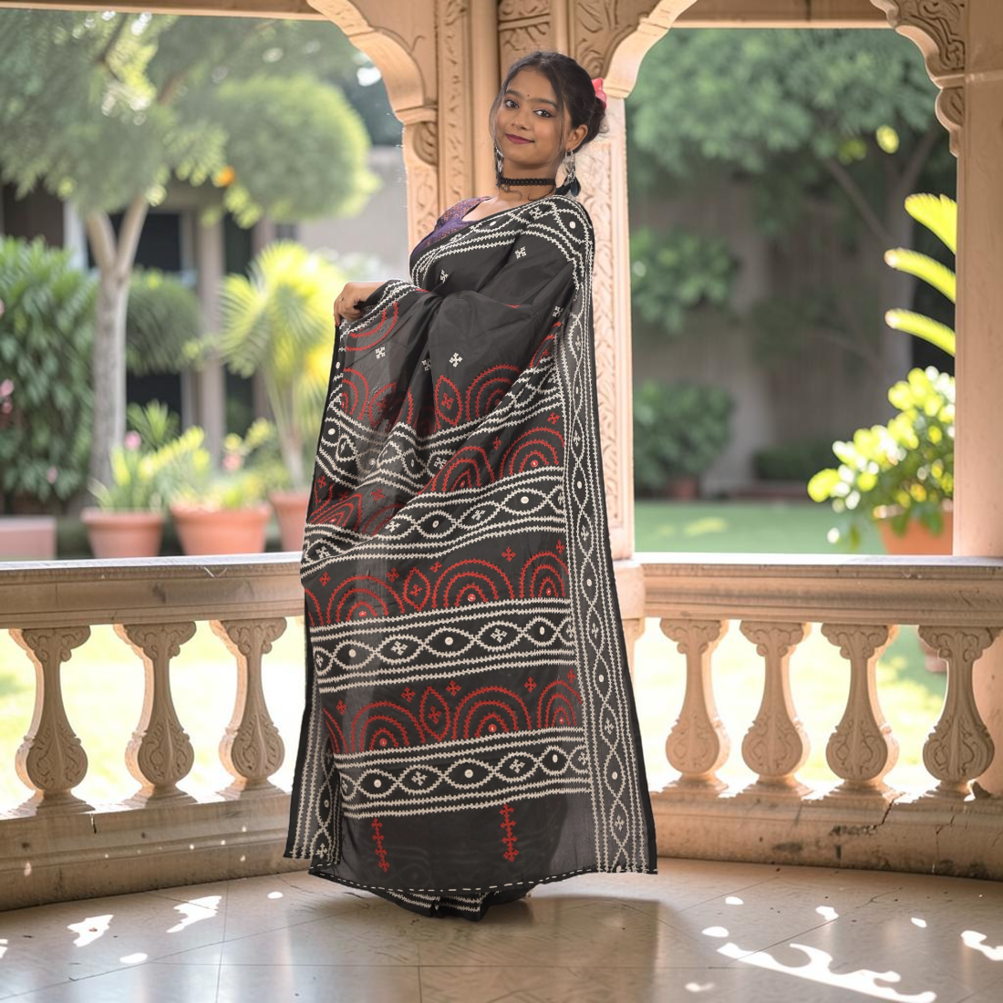 Nishika Royal Gujarati Stitch Bangalore Silk Saree - Handcrafted Indian Art (View 4) | Art Angan