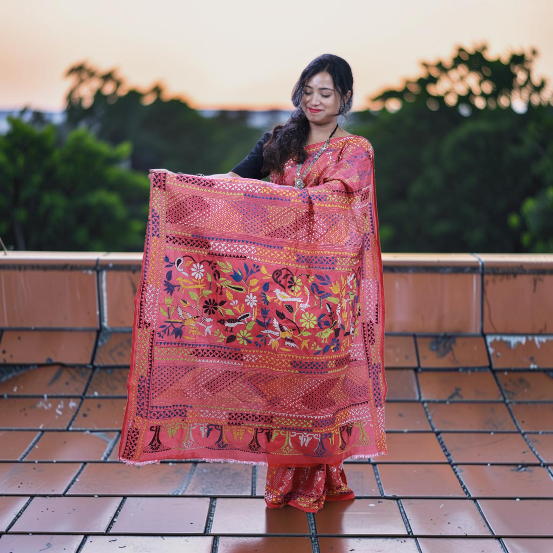 Raktima Radiance Kantha Art Silk Saree - Handcrafted Indian Art (View 5) | Art Angan