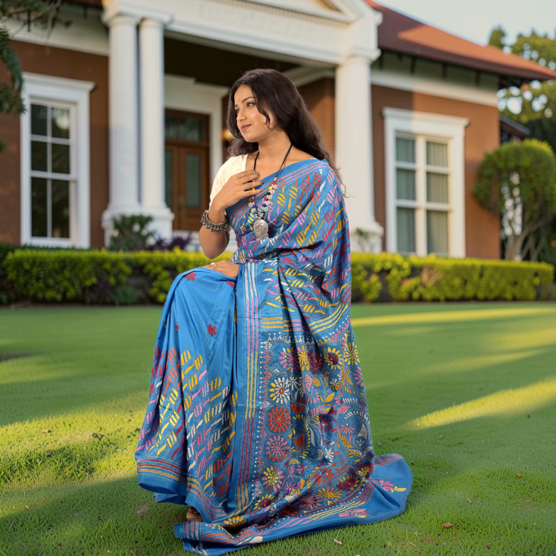 Aarunya Serenity Katha Stitch Bangalore Silk Saree - Handcrafted Indian Art (View 6) | Art Angan