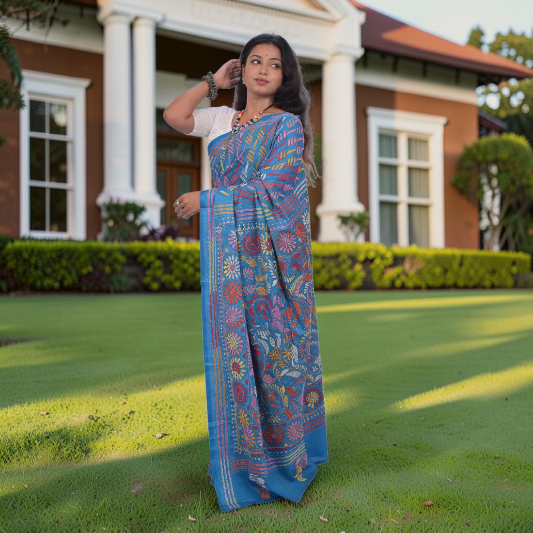 Aarunya Serenity Katha Stitch Bangalore Silk Saree - Handcrafted Indian Art (View 4) | Art Angan