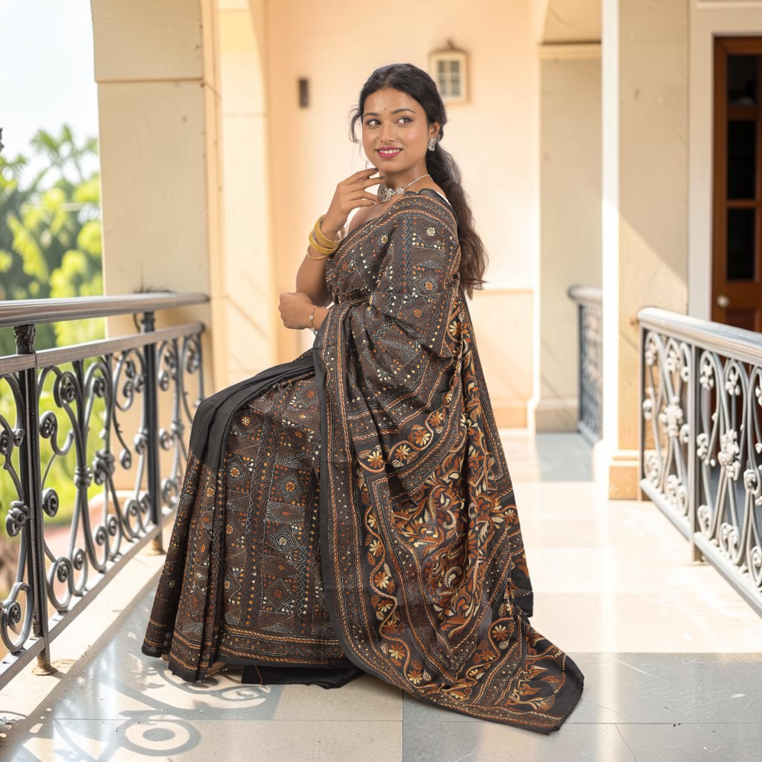 Experience the Elegance of Nishika Noir Kantha Art Silk Saree: Handloom Weave, Hand Kantha Stitch Embroidery