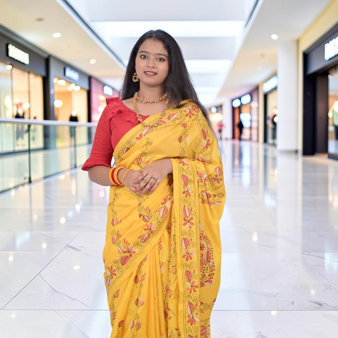 Kanakshi Elegance Katha Stitch Bangalore Silk Saree - Handcrafted Indian Art (View 3) | Art Angan