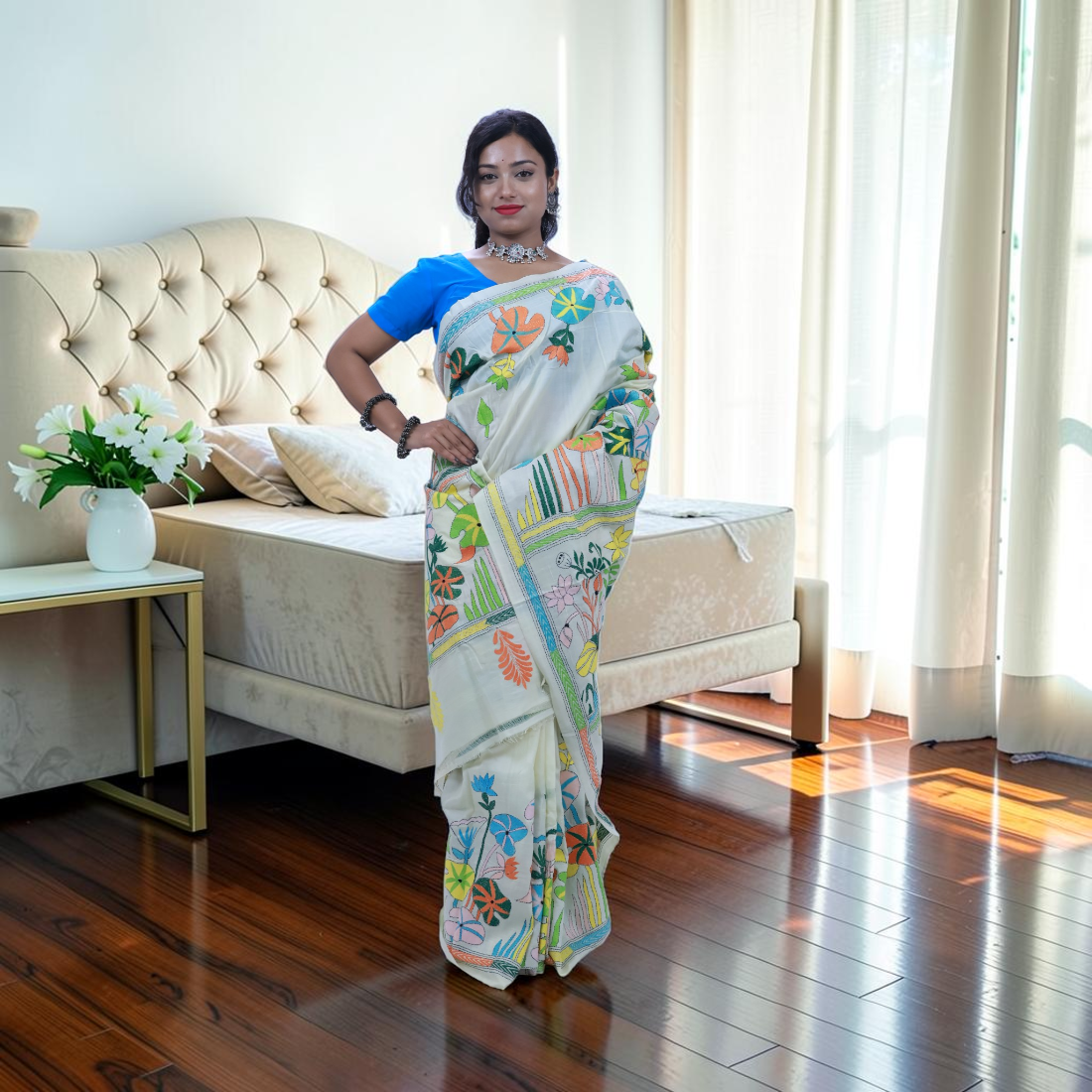 Royale Tasar Katha Silk Saree - Handcrafted Indian Art (View 4) | Art Angan
