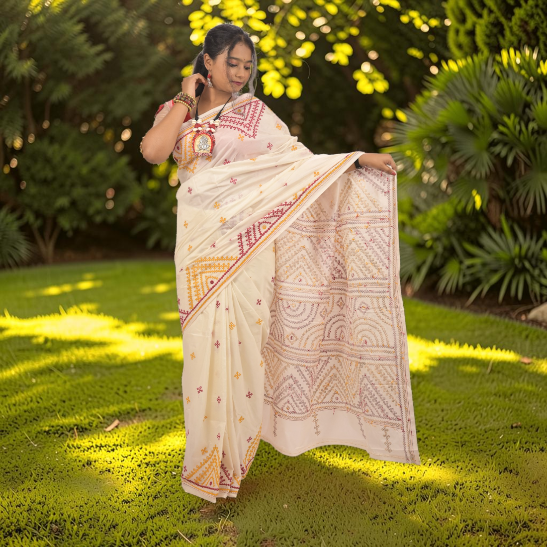 Shvetika Heritage Gujarati Stitch Bangalore Silk Saree - Handcrafted Indian Art (View 4) | Art Angan
