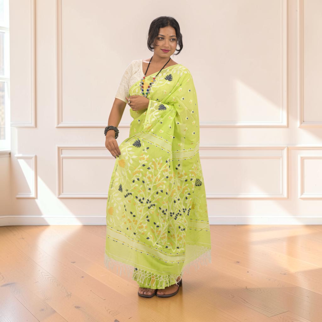 Haritika Bloom Khadi Jamdani Saree - Handcrafted Indian Art (View 4) | Art Angan