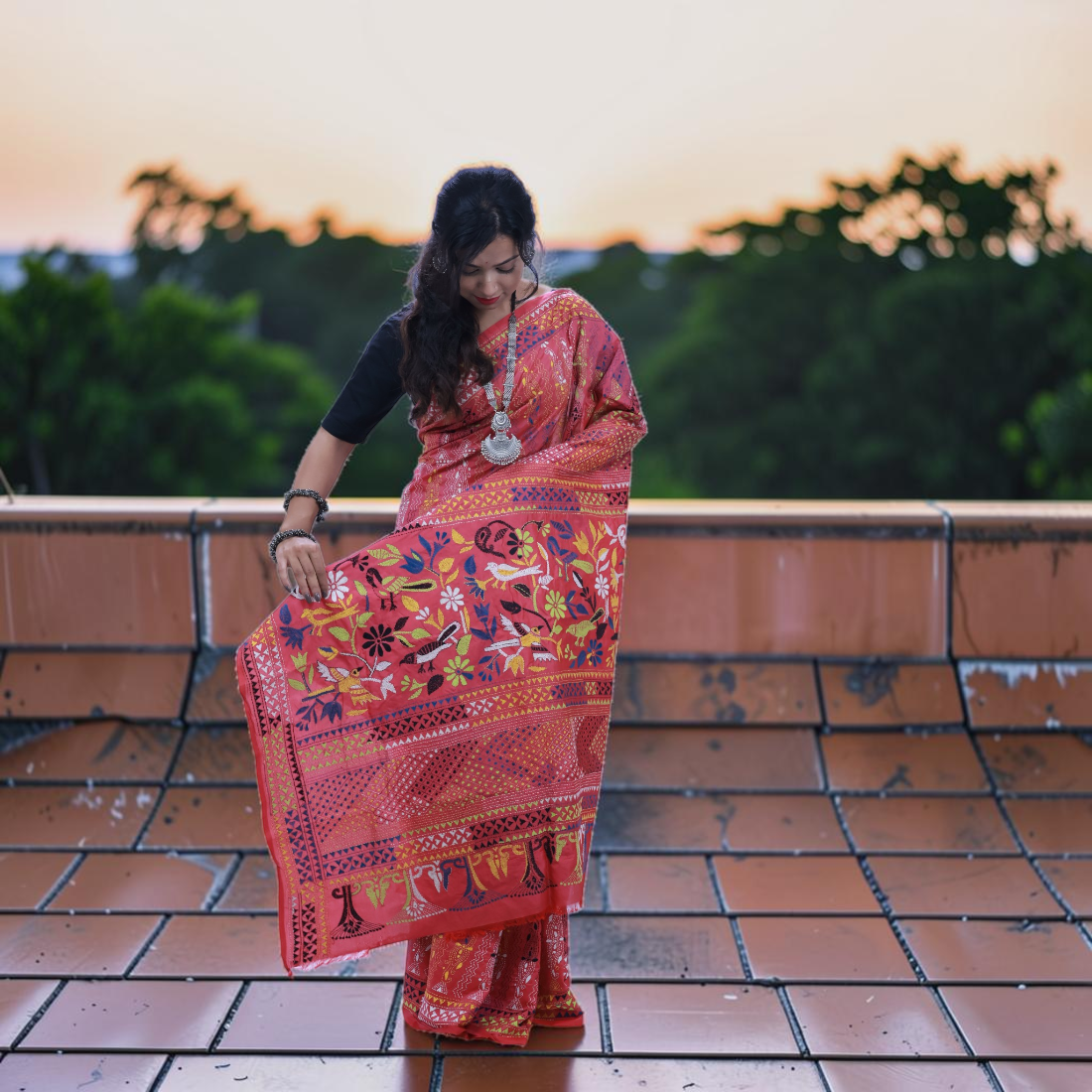 Raktima Radiance Kantha Art Silk Saree - Handcrafted Indian Art (View 6) | Art Angan