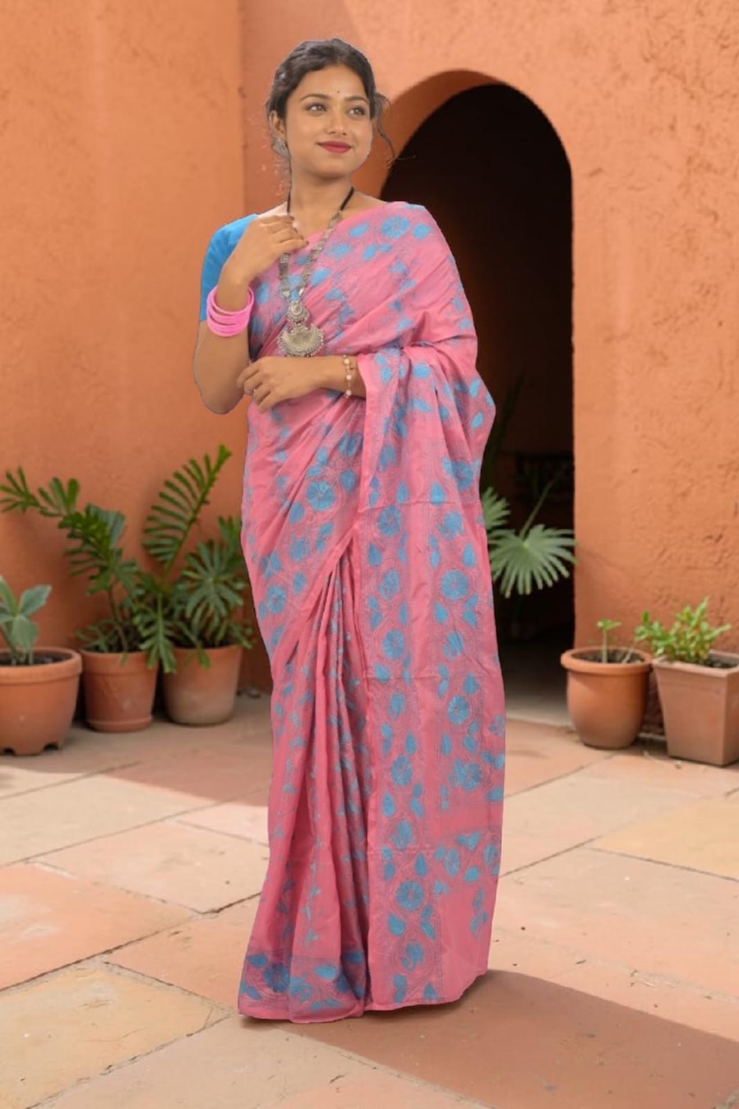 Anvika Grace Katha Stitch Bangalore Silk Saree - Handcrafted Indian Art (View 8) | Art Angan