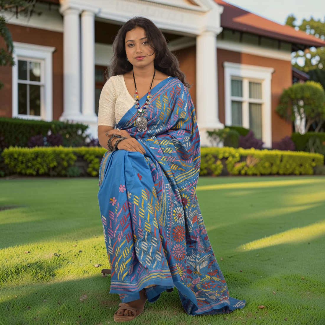 Aarunya Serenity Katha Stitch Bangalore Silk Saree - Handcrafted Indian Art (View 5) | Art Angan