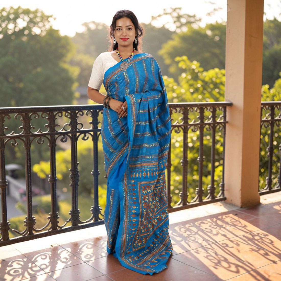 Aakanshi Celeste Kantha Art Silk Saree - Handcrafted Indian Art (View 2) | Art Angan
