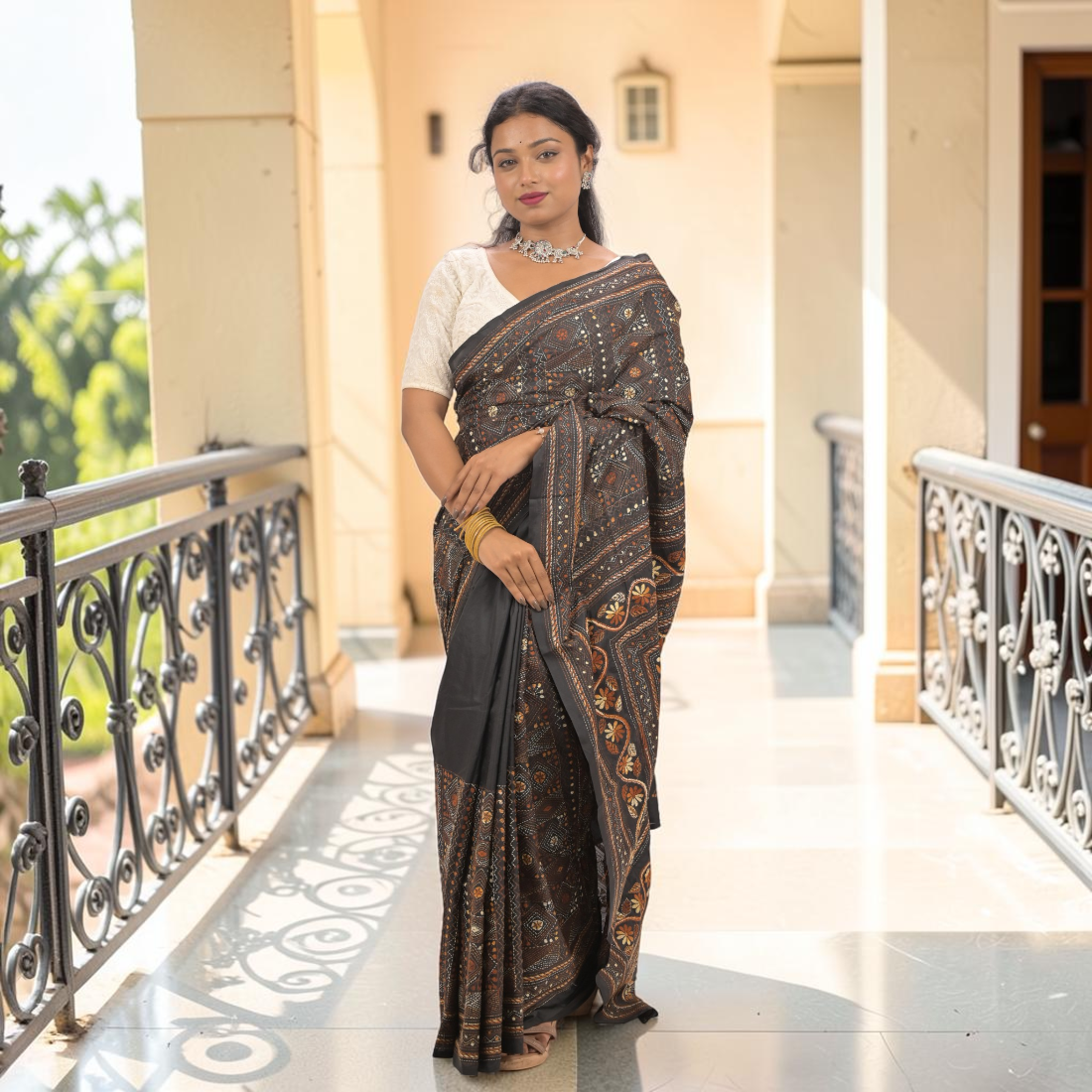 Nishika Noir Kantha Art Silk Saree - Handcrafted Indian Art (View 6) | Art Angan