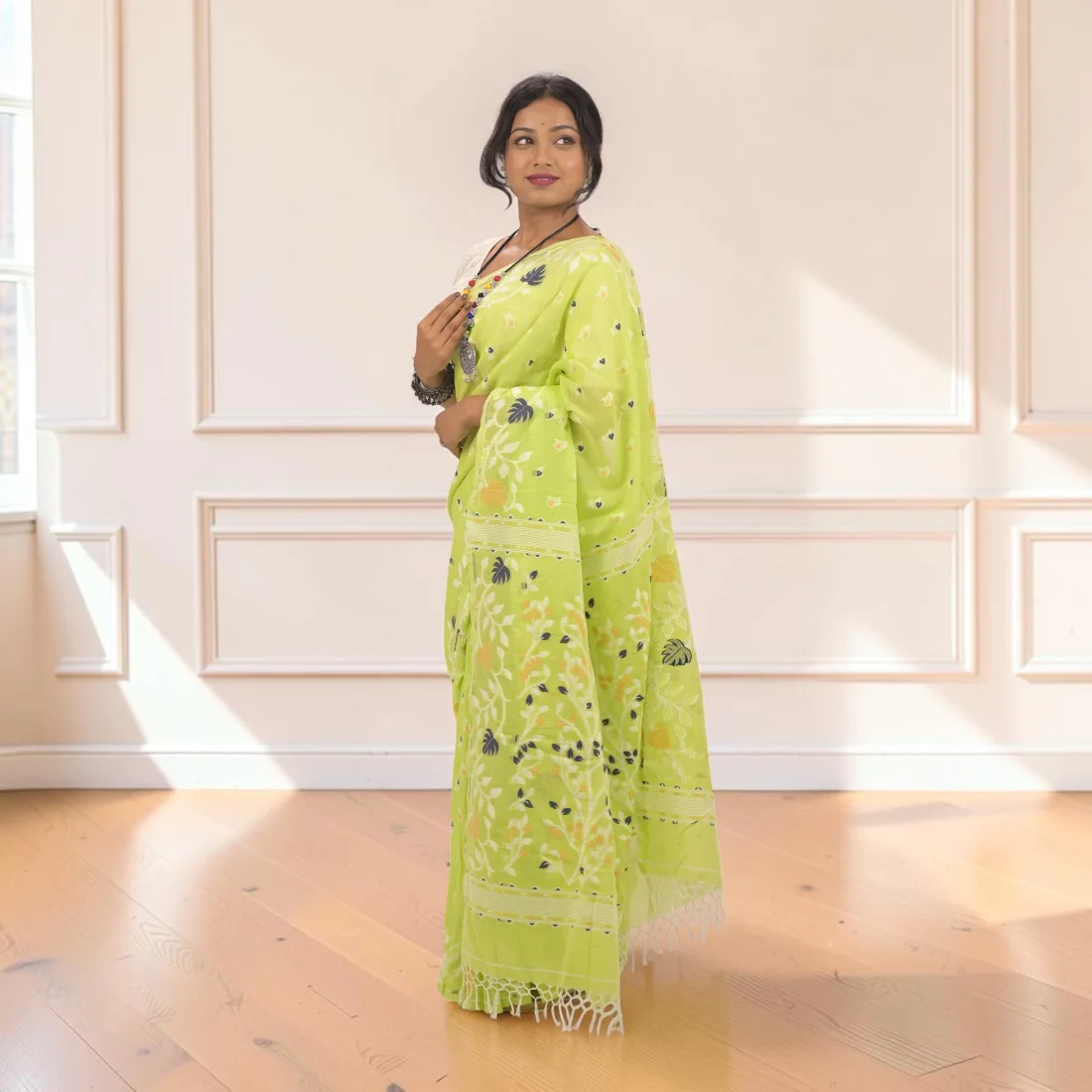 Haritika Bloom Khadi Jamdani Saree - Authentic Handcrafted Saree | Art Angan