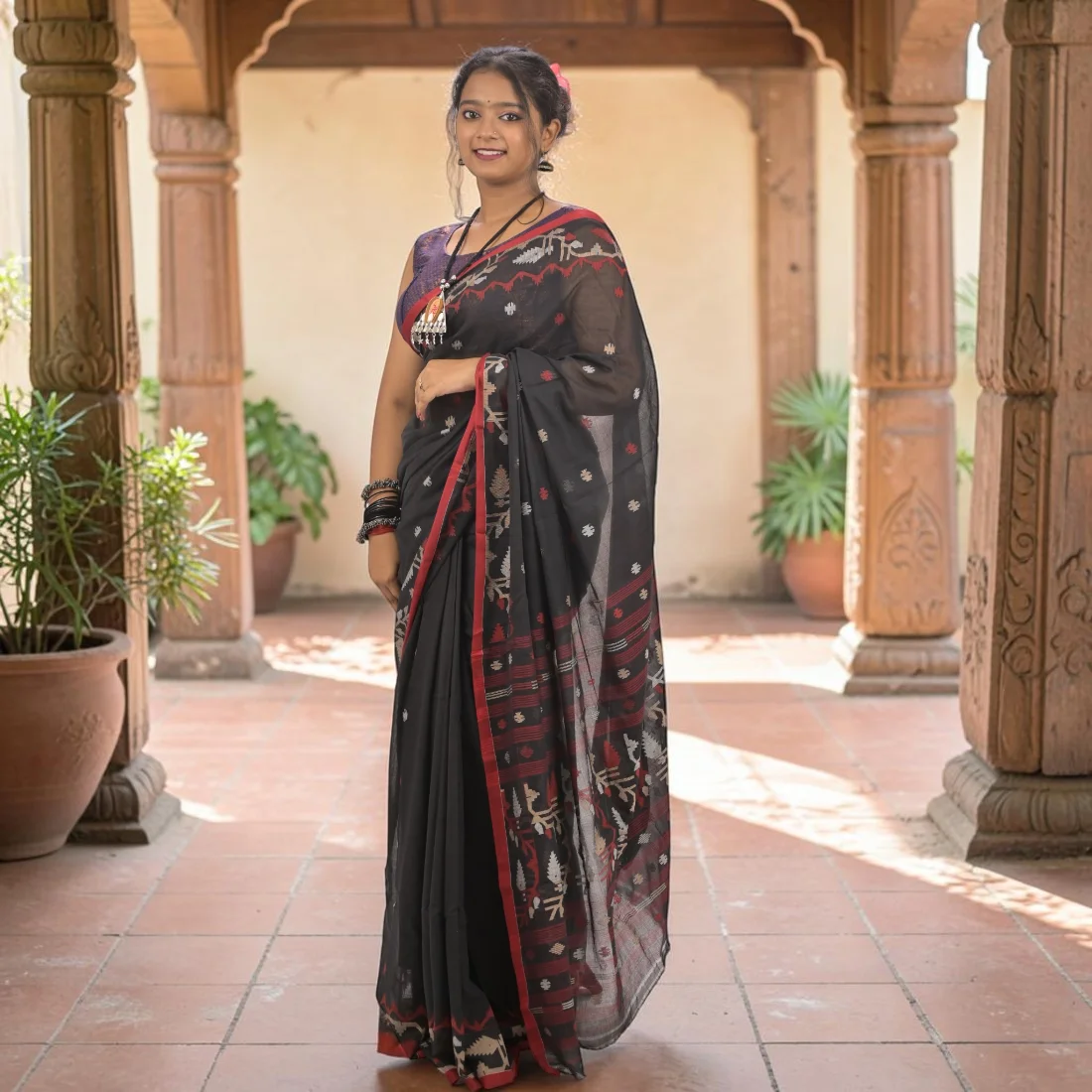 Nishika Noir Soft Jamdani Saree - Authentic Handcrafted Saree | Art Angan