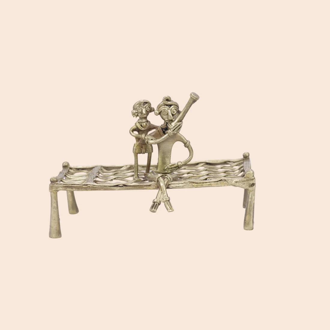 Handcrafted Dokra Mother and Child on Charpai – Traditional Brass Figurine