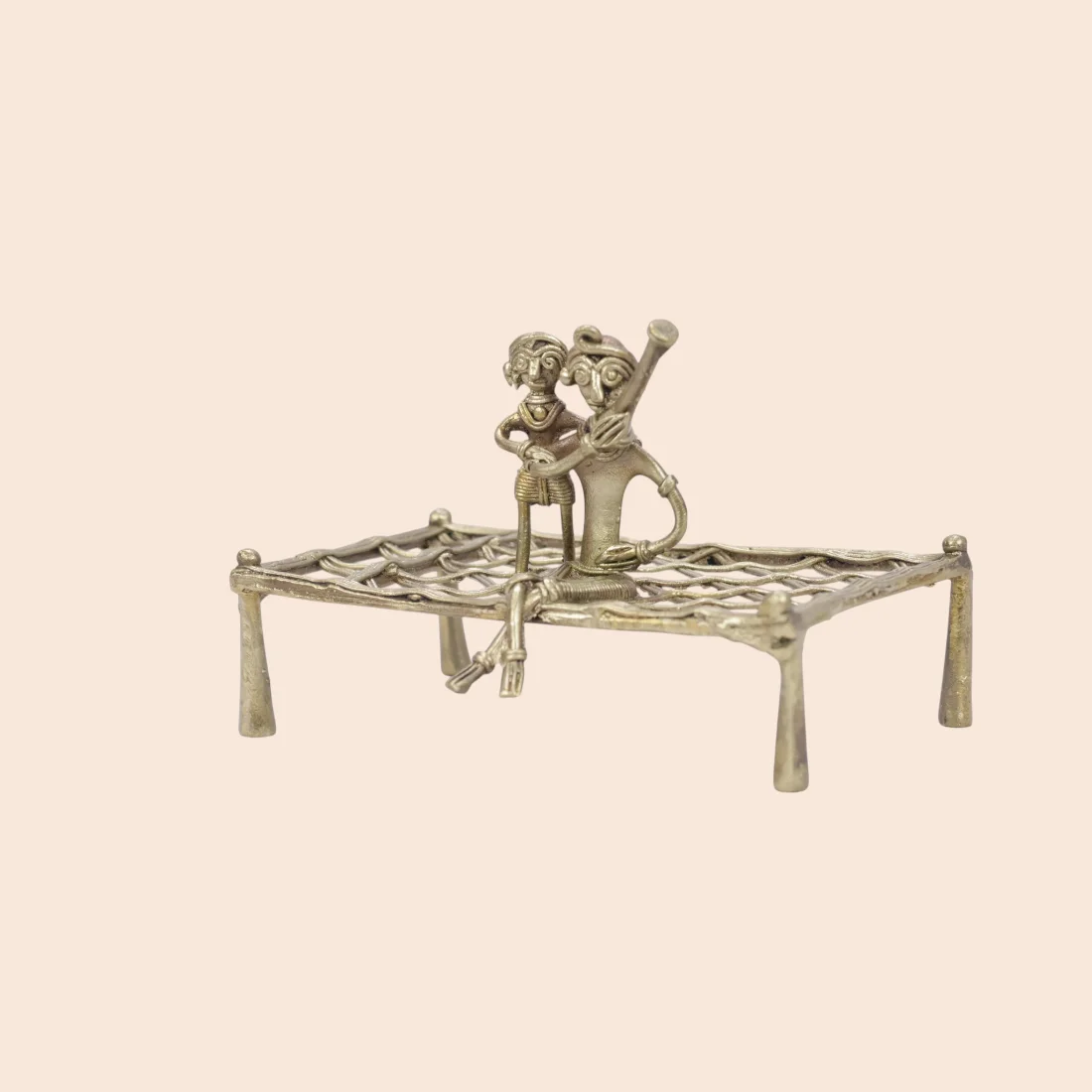 Handcrafted Dokra Mother and Child on Charpai – Traditional Brass Figurine Thumbnail 2
