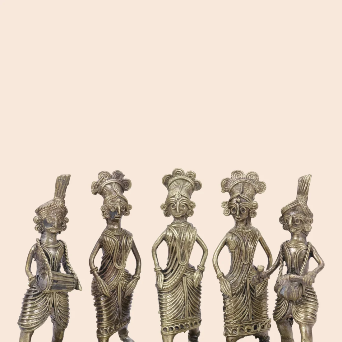 Handcrafted Dokra Tribal Community Group – Five-Figure Brass Sculpture Thumbnail 5