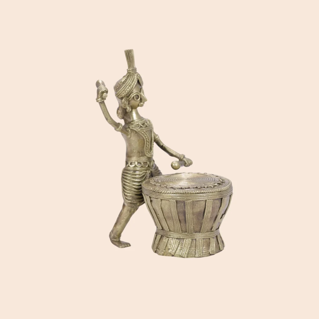 Handcrafted Dokra Tribal Dhamsa Player Figurine – Traditional Brass Home Décor Thumbnail 2