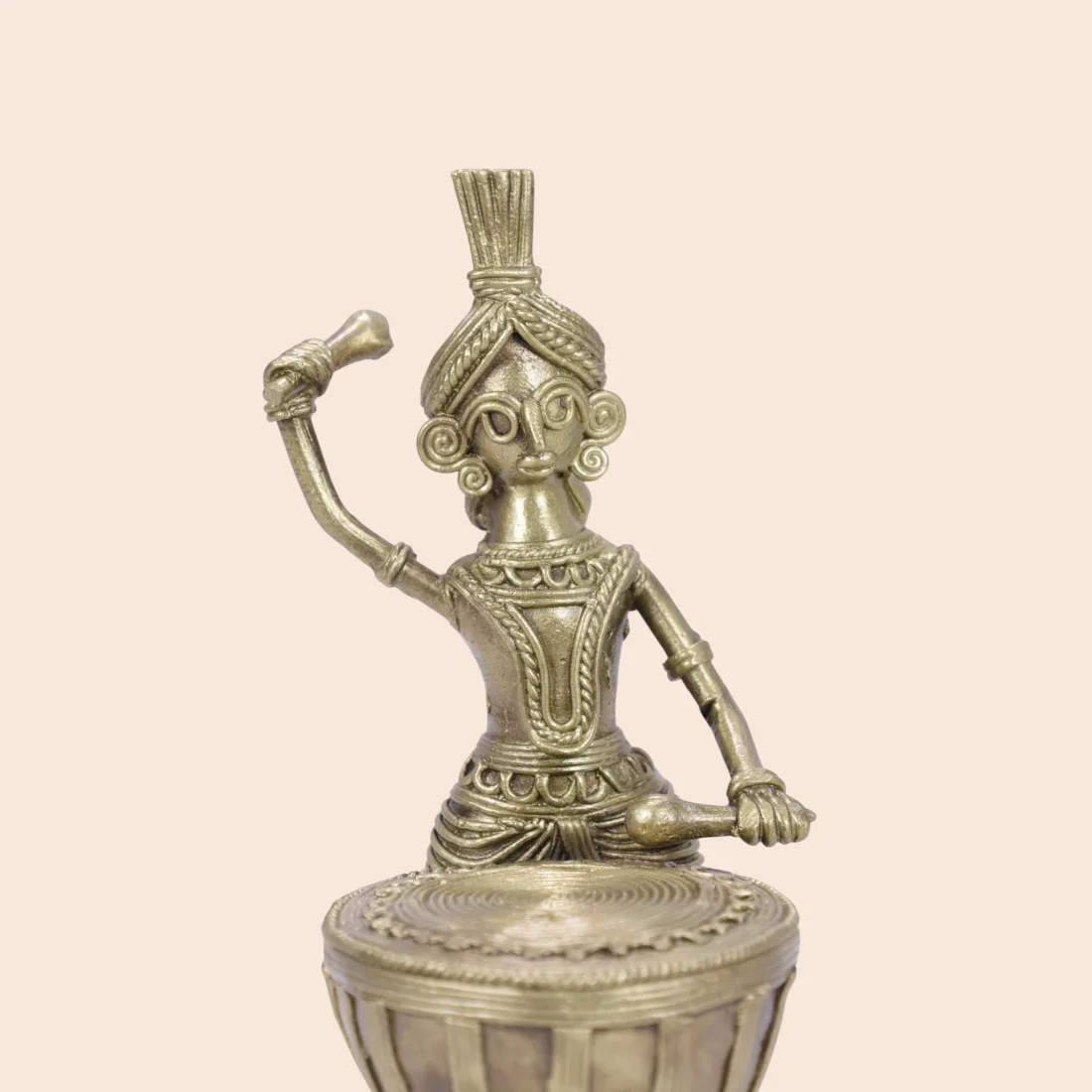 Handcrafted Dokra Tribal Dhamsa Player Figurine – Traditional Brass Home Décor Thumbnail 5