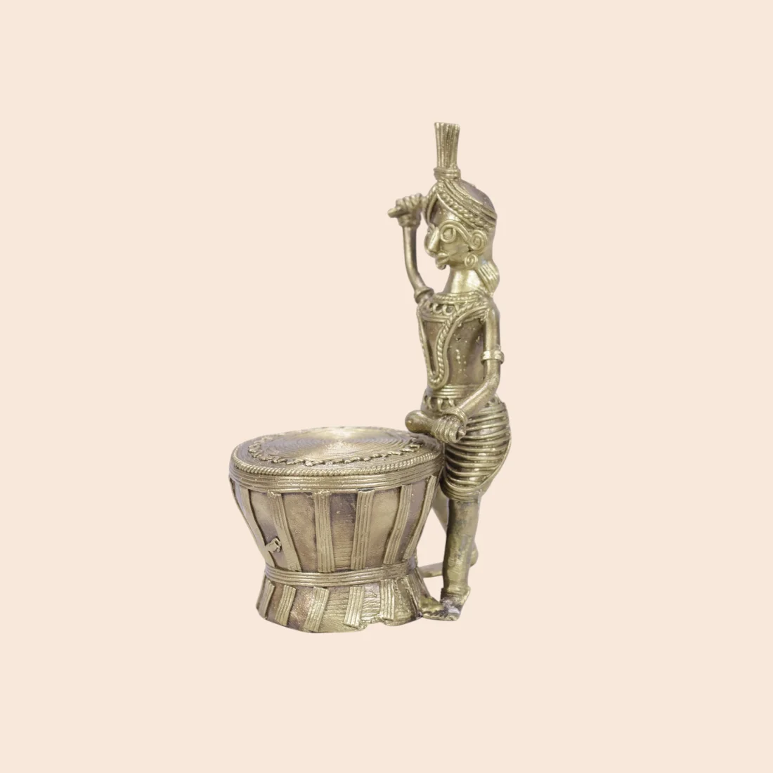 Handcrafted Dokra Tribal Dhamsa Player Figurine – Traditional Brass Home Décor Thumbnail 3