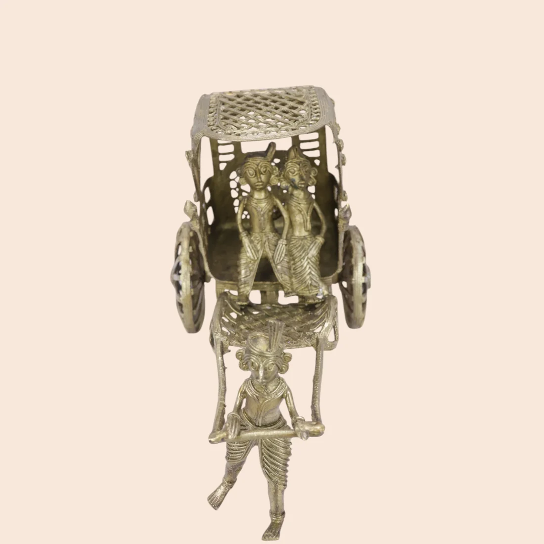 Handcrafted Dokra Hand-Pulled Rickshaw – Traditional Brass Figurine Thumbnail 6