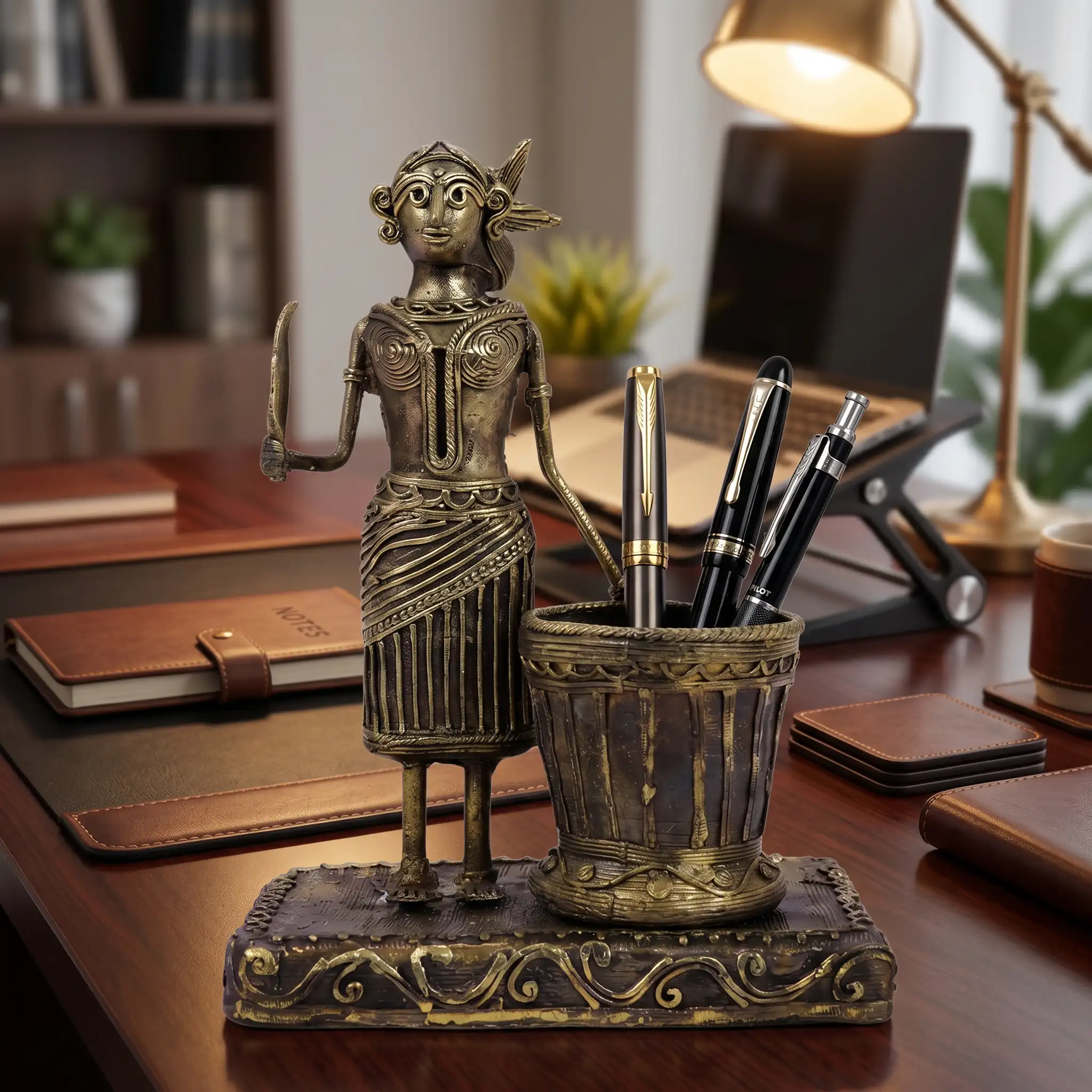 Handcrafted Dokra Tribal Woman Pen Holder – Traditional Brass Desk Organiser