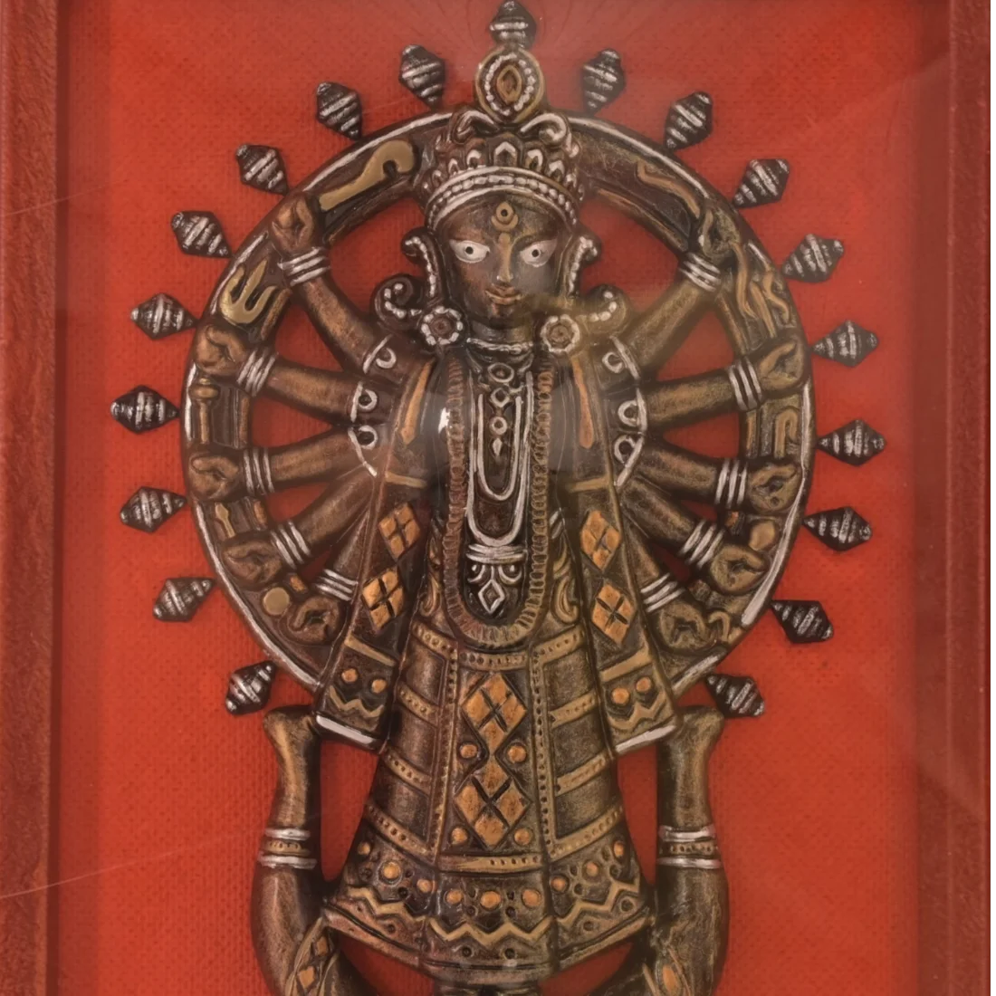 Handcrafted Krishnanagar Clay Maa Durga Framed Wall Hanging – Red Background Thumbnail 7