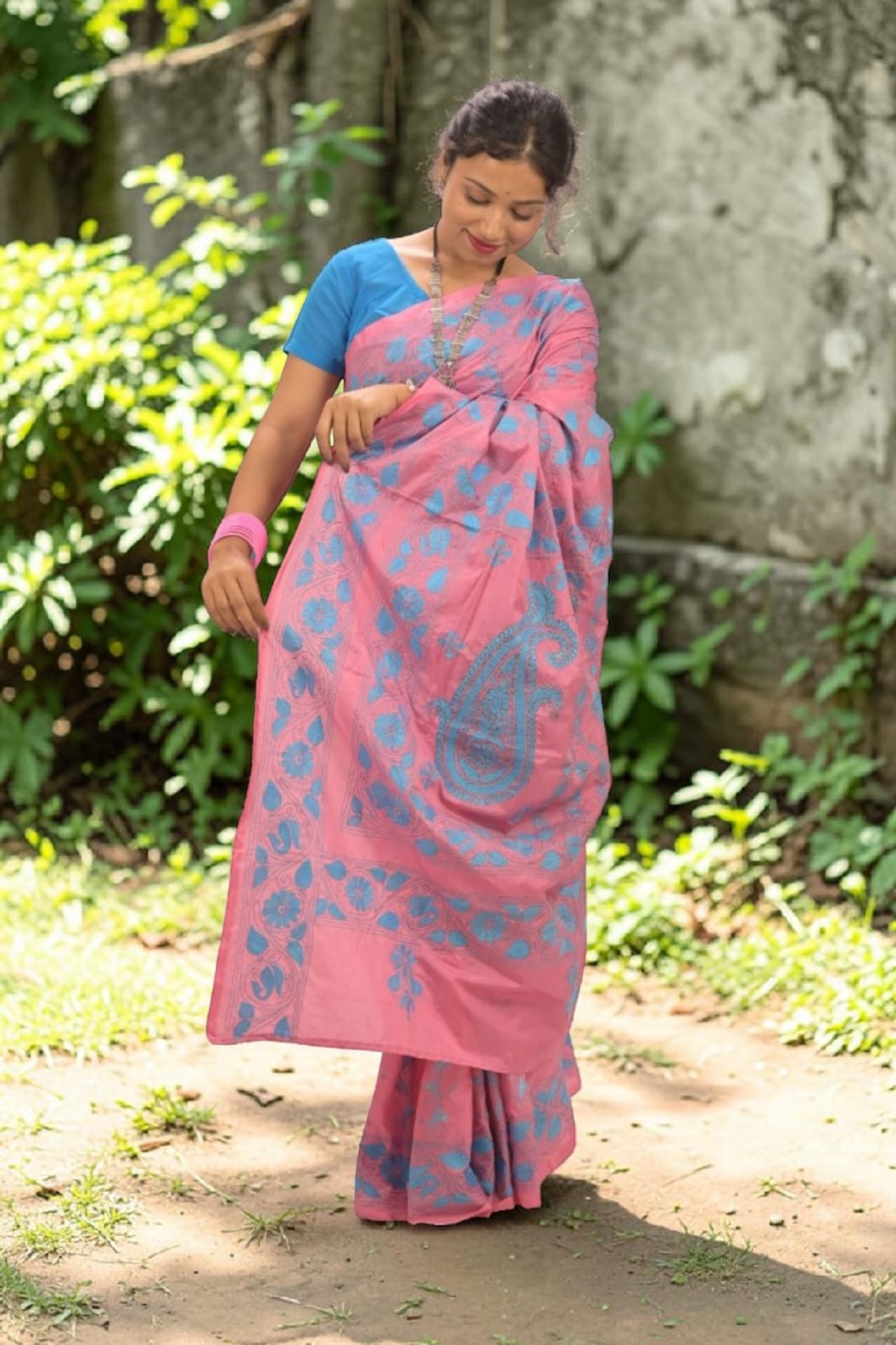 Anvika Grace Katha Stitch Bangalore Silk Saree - Handcrafted Indian Art (View 2) | Art Angan