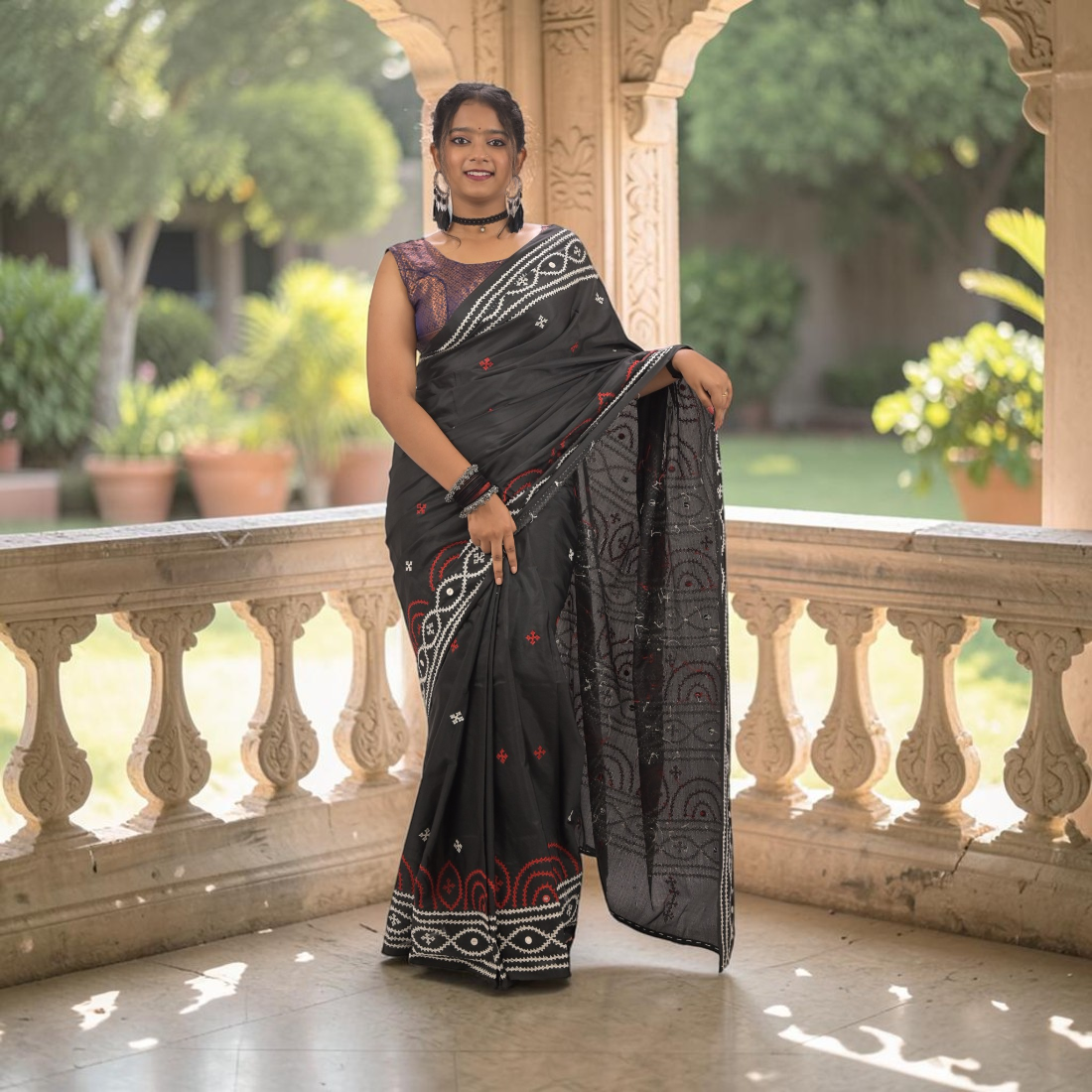 Nishika Royal Gujarati Stitch Bangalore Silk Saree - Handcrafted Indian Art (View 2) | Art Angan