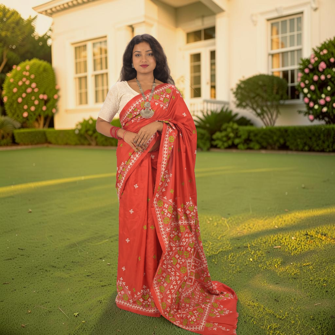 Koralia Gujarati Stitch Bangalore Silk Saree - Handcrafted Indian Art (View 4) | Art Angan