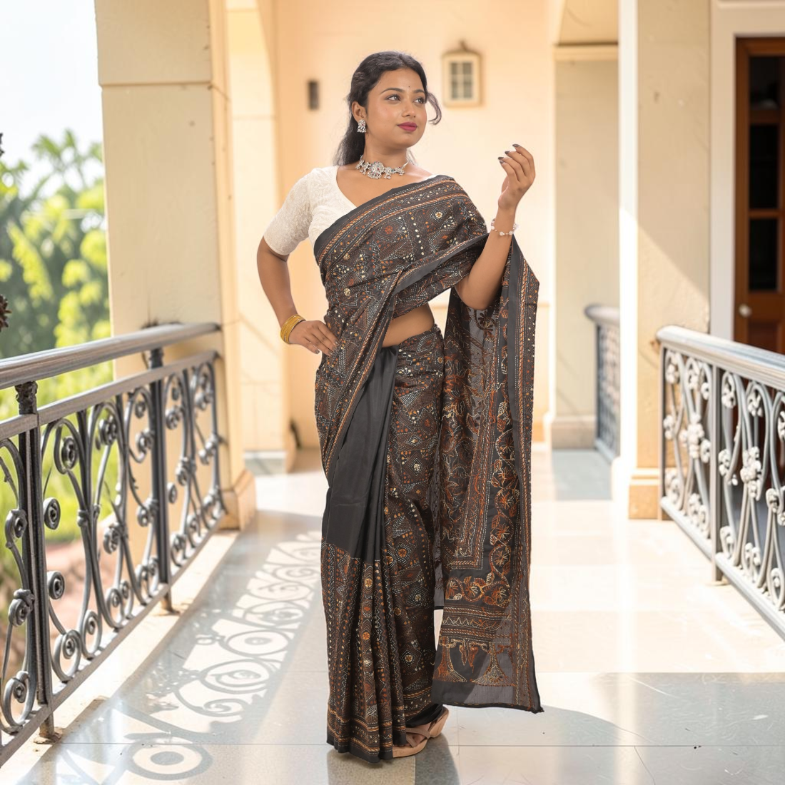 Nishika Noir Kantha Art Silk Saree - Handcrafted Indian Art (View 5) | Art Angan
