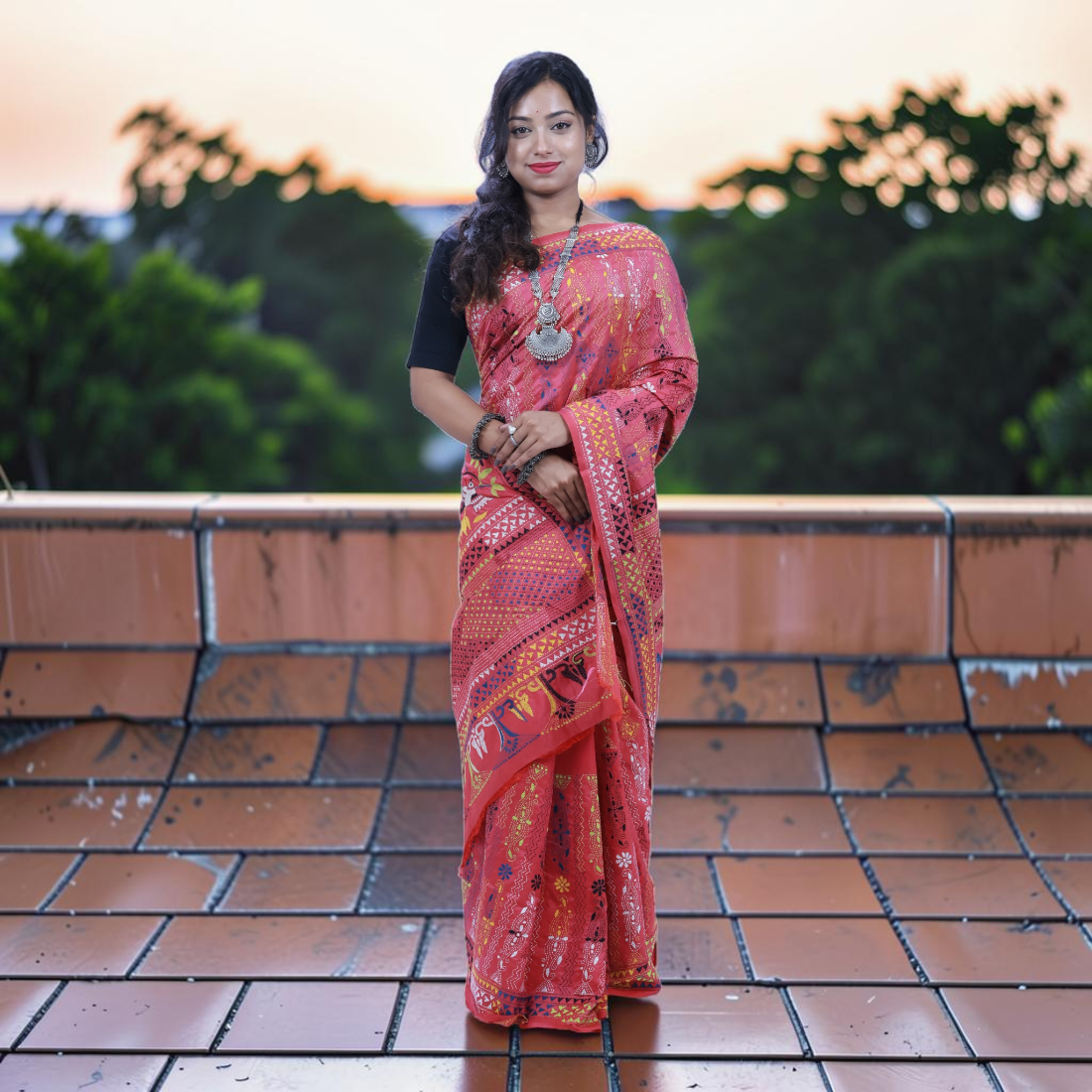 Raktima Radiance Kantha Art Silk Saree - Handcrafted Indian Art (View 2) | Art Angan